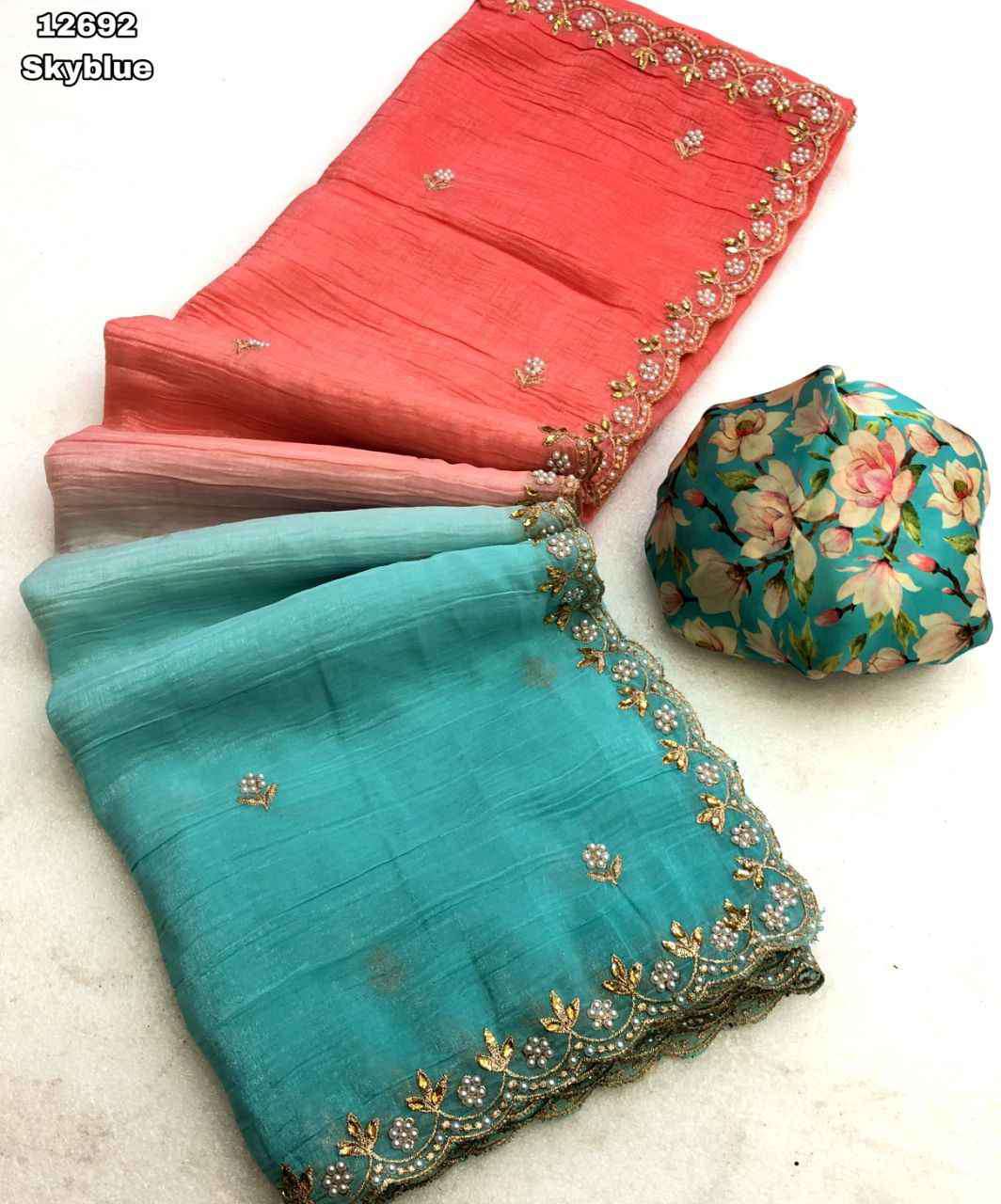 Nice Chiffon crunchy crush with embroidery stone work saree