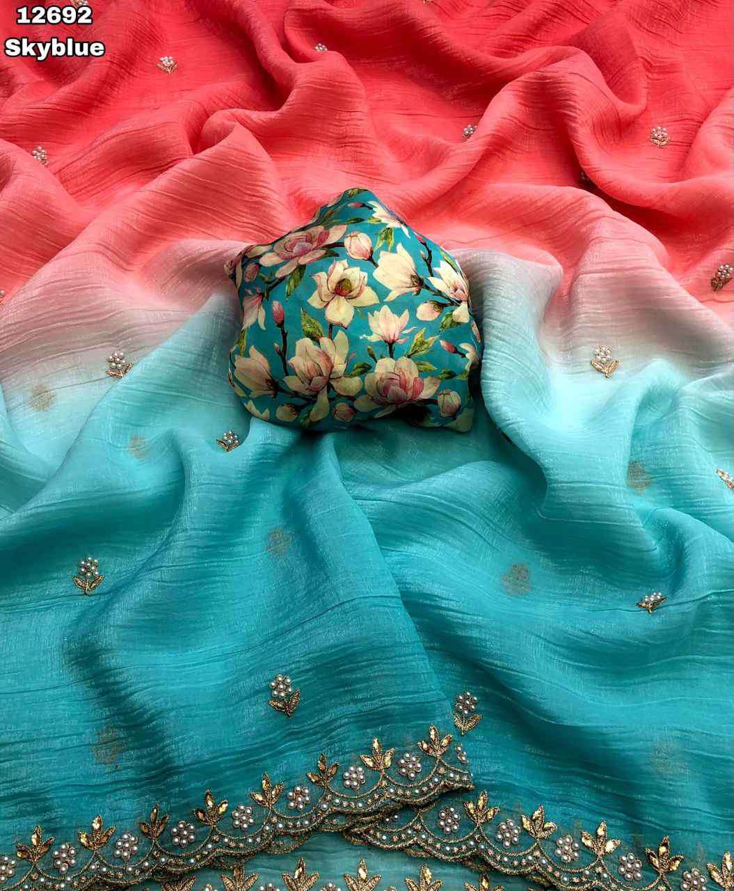 Nice Chiffon crunchy crush with embroidery stone work saree