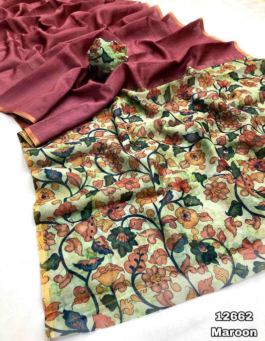 Soft Chanderi Cotton with digital Kalamkari Print Nabista Maroon Red